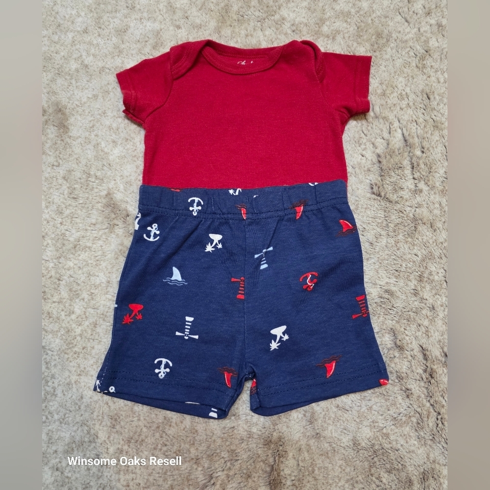 Red Onesie with Navy Nautical Shorts